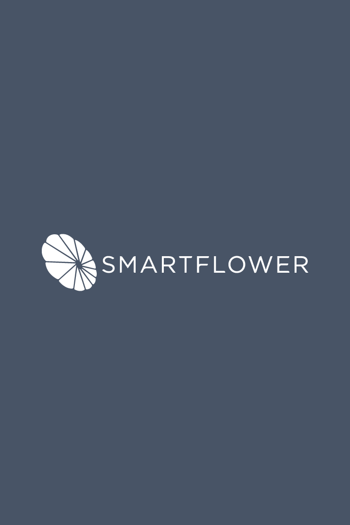SmartFlower logo with white solar flower icon and text on dark blue background