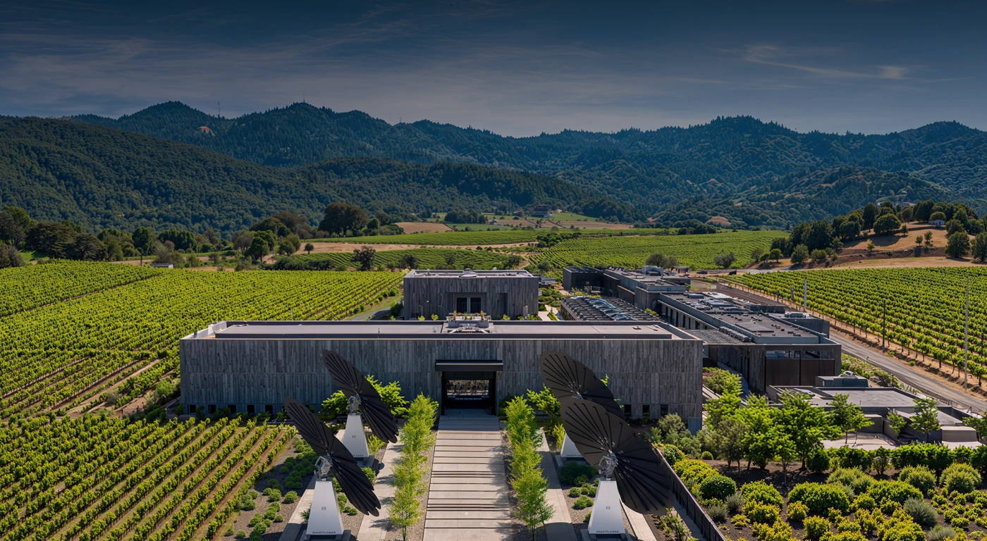 Aerial view of vineyard estate with SmartFlower solar panels and modern winery buildings in foreground