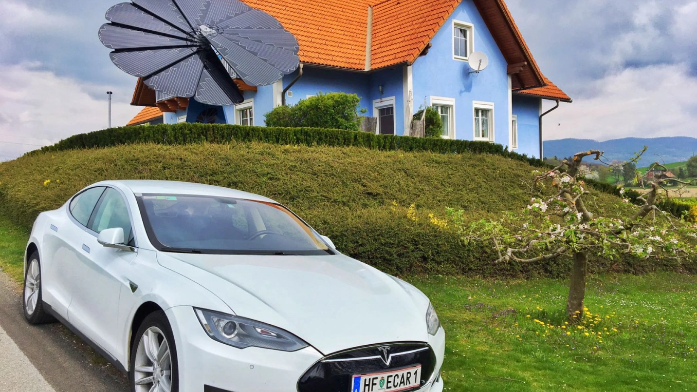 The scenic countryside background emphasizes eco-friendly technology in residential use