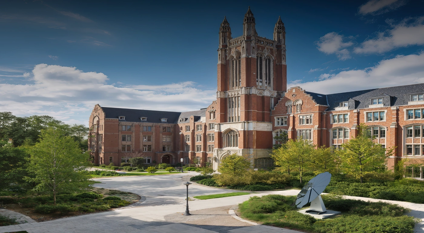 Red-brick academic building with central tower and solar SmartFlower promoting campus sustainability