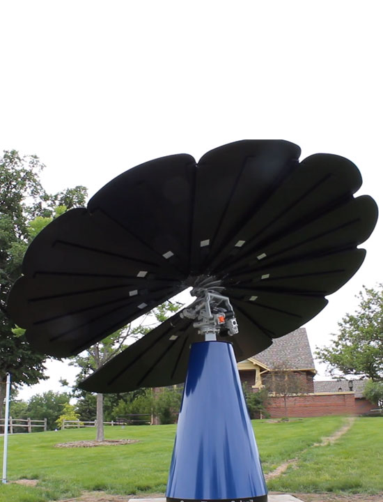 Solar Smartflower with sleek design generates renewable energy in landscaped neighborhood setting