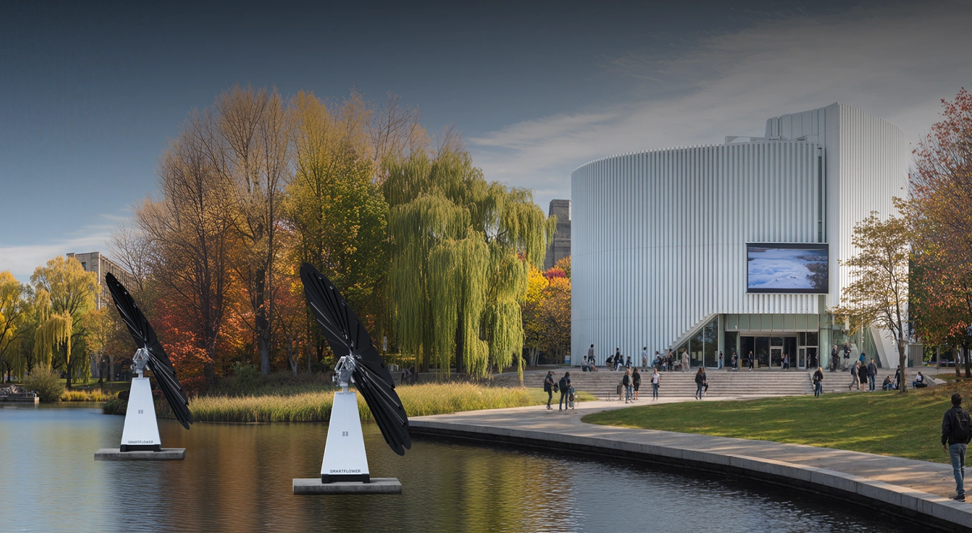 Sustainable solar flowers by reflective pond near futuristic museum-like building on a clear autumn day