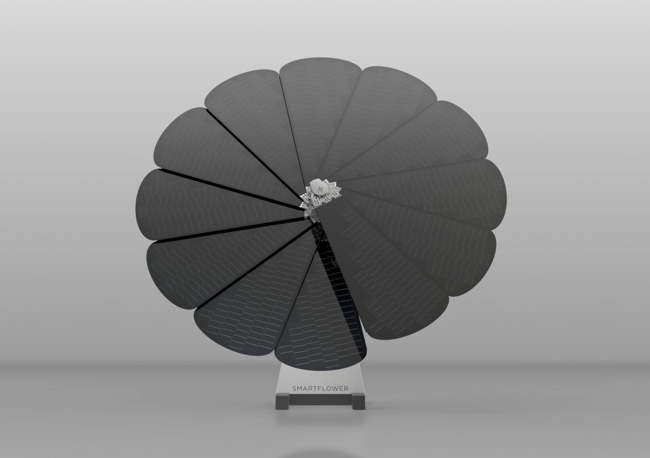 Full front view of SmartFlower solar panel fully open against smooth neutral gray studio background