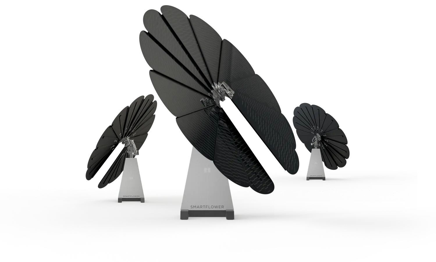 Solar SmartFlowers positioned dynamically in 3D mockup scene emphasizing structure and motion design