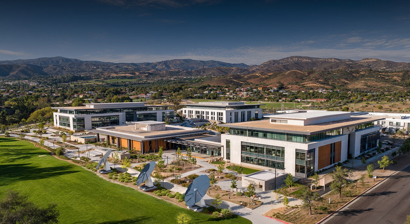 Modern university campus with SmartFlower solar panels and mountain backdrop captured from aerial view