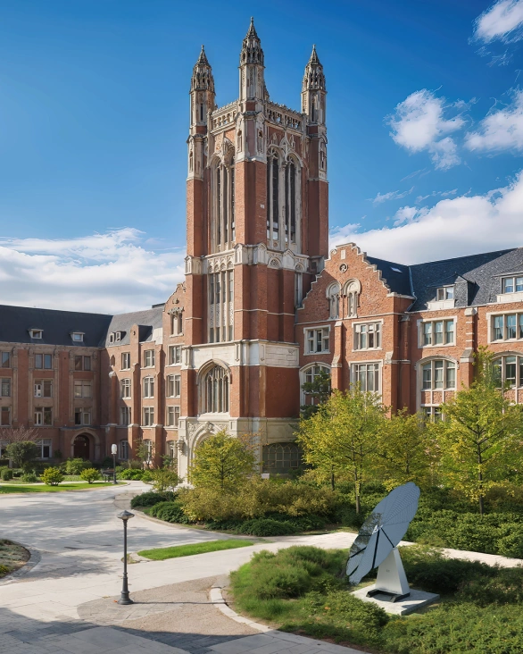 A SmartFlower solar system installed on the grounds of a historic university campus